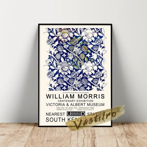 William Morris Exhibition Poster, Morris Dark Blue Plant Wall Art, Flower Leaf Prints, William Vintage Plant Floral Wall Picture