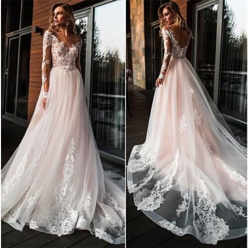 Stunning A-Line Wedding Dress Sexy Illusion O-Neck Long Sleeve Bridal Gowns Appliques with Court Train 2019 Vestidos de novia
