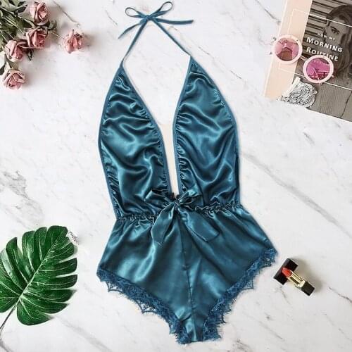Stylish Bar Sexy Bodysuit Nightwear Lingerie Women V-Neck Backless Lace Bow Lingerie Bodysuits Sleepwear Pajamas Silk Jumpsuit