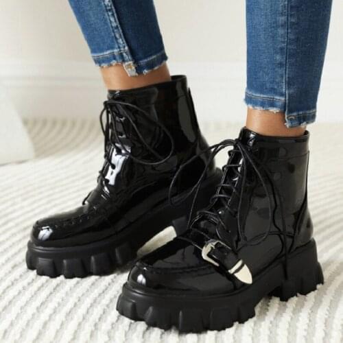 ZawsThia 2021 Winter Warm Patent PU Leather Buckle Strap Cross-tied Punk Gothic Womans Shoes Platform Flat Ankle Martin Boots