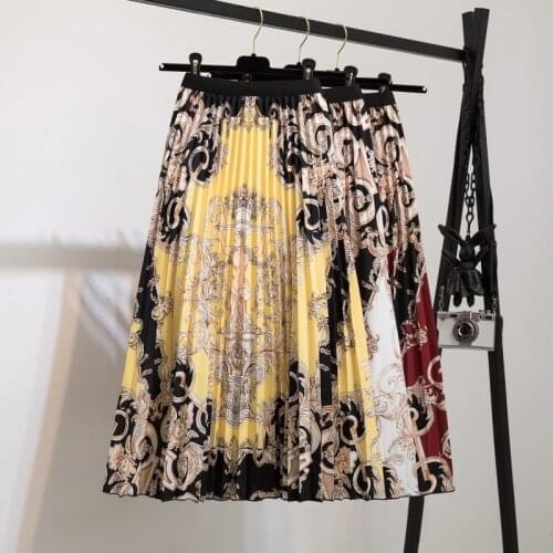 Digital Printing 2021 Women Fashion Elastic Waist Office Ladies Casual Vintage Summer Pleated Skirt