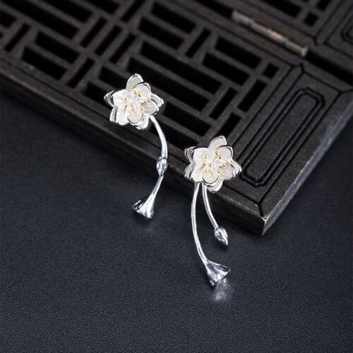 925 Silver Water Lotus Earrings Female 2020 New Trend Classical Ethnic Wind Flowers Long Temperament Earrings