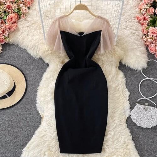 Korobov Vintage Elegant V Neck Short Sleeve Dress Women Korean Mesh Patchwork Female Dresses 2021 Summer Party Night Vestidos