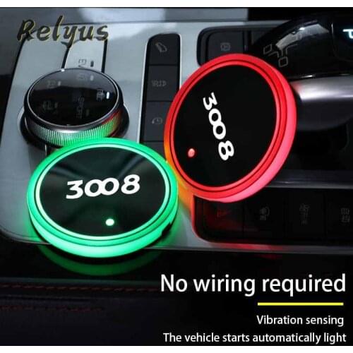 2Pcs Luminous Car Led Cup Coaster Non-slip Mat Automobile Atmosphere Light For Peugeot 3008 3008GT Auto Accessories