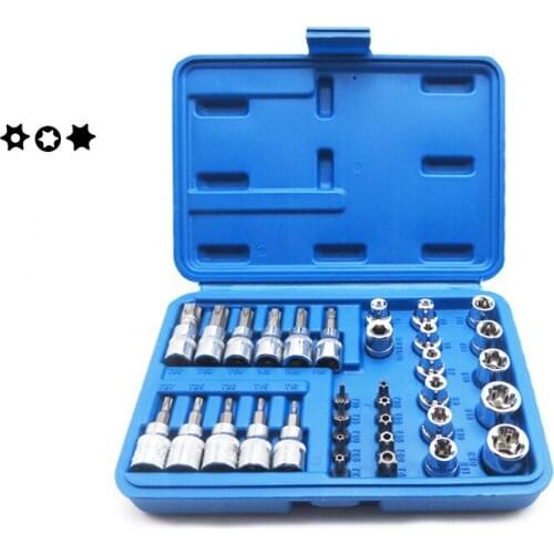 34PC Torx Star Sockets inner hexagon E-Torx Star Female Bit Socket Set 3/8 Drive Bit Socket Set Tamper Proof