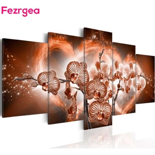 5D DIY Diamond Embroidery Flower Orchid Diamond Painting Cross Stitch Full Round Rhinestones Mosaic 5pcs Multi-Picture Decor