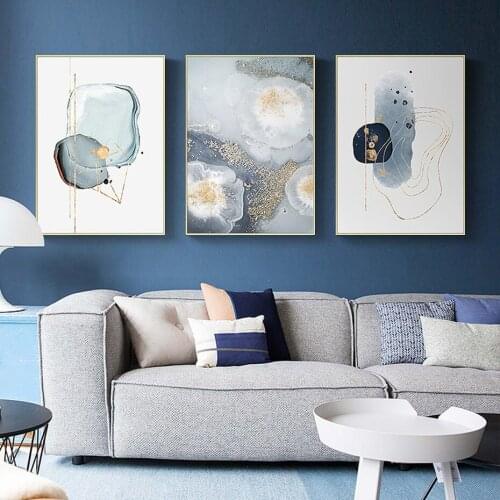 Abstract Picture for Wall Art Gold Blue Poster Geometry Line Canvas Painting Modern Dining Living Room Light Luxury Decor Prints
