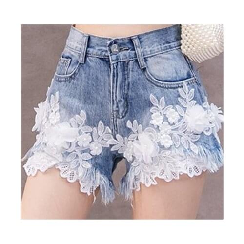 White Lace Flower Denim Shorts Women Jeans Lace Embroidery Beaded Shorts Slim Casual Hihg Waist Denim Pants
