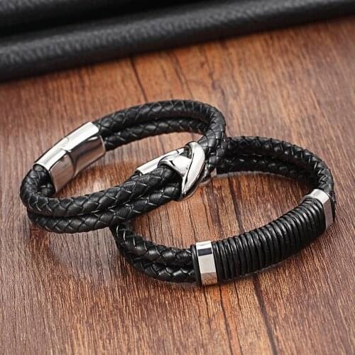 XQNI Multiple Styles Double Layer Black Genuine Leather Bracelet with Stainless Steel Accessories Jewelry For Men Female Gift
