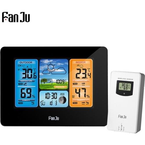 FanJu Digital Watch Alarm clcok Temperature Humidity Barometer Forecast Table Wall Weather Station Wireless Measuring Tools