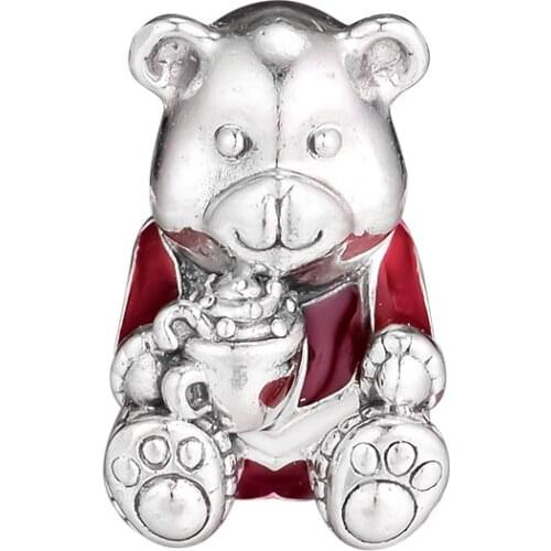 CKK Silver 925 Jewelry Fits Pandora Bracelets Christmas Bear Red Enamel Charm Original Sterling Silver Beads