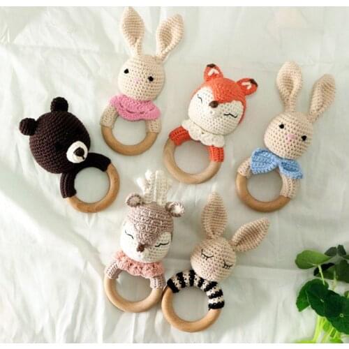 BPA Free Crochet Wooden Ring Baby Teether Safe Cute Animal Rattle Chewing Teething Nursing Soother Molar Infant Toy Accessories