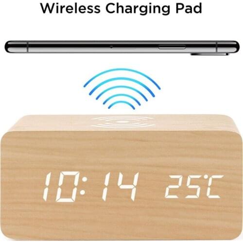 Wooden LED Digital Alarm Clock Thermometer Wireless Charger With Qi Wireless Charging Pad Voice Control Alarm Clock Table Decor