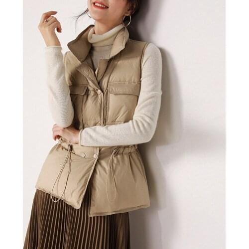 Womens down waistcoat short waist stand-up collar coat white duck down drawstring pocket vest vest waistcoat