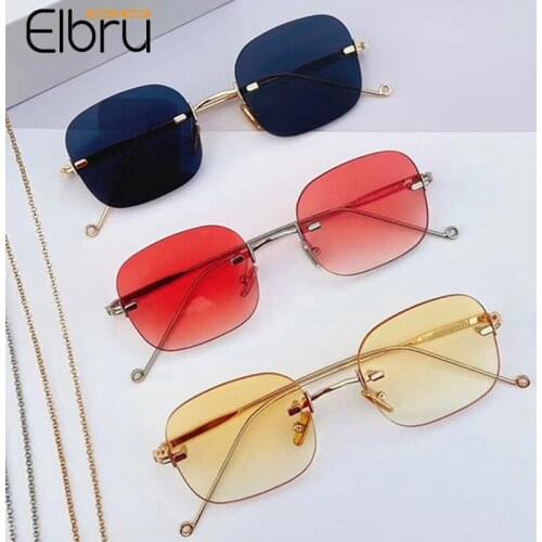 Elbru 2021 Fashion Square Rimless Sunglasses For Women Vintage Metal Sunshades New Colorful Eyewear For Female UV400 Sun Glasses