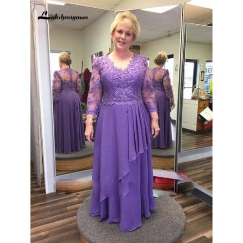 Purple Lace Chiffon Mother of the Bride Dress Plus Size Long Sleeve V Neck Floor Length Wedding Party Prom Formal Evening Gowns
