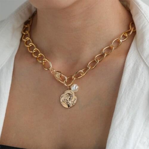 FNIO Steampunk Cuban Choker Necklace Women Big Coin Pendant Chunky Chain Necklace Jewelry Neckless women Men Vintage Accessories