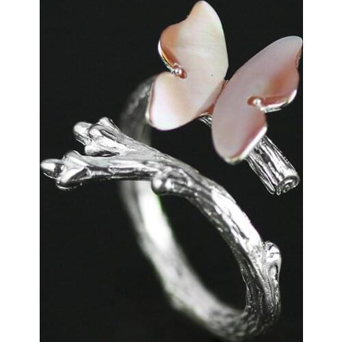 INATURE 925 Sterling Silver Pink Shell Butterfly on Branch Open Finger Ring For Women Party Wedding Jewelry