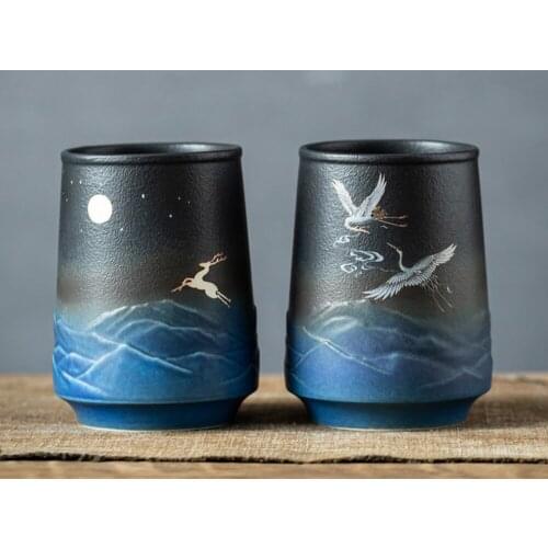 Chinese Creative Starry Blue Ceramic Mug Teacup Crane Elk Office Water Glass Family Leisure Water Cup
