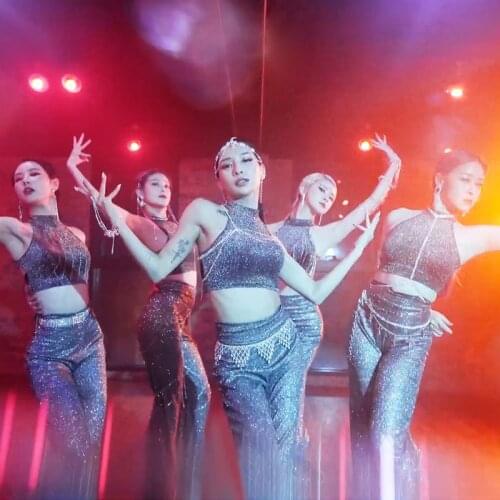 Korean WomenS Girl Sexy Group Suit Shiny Silver Sequins Jazz Dance Costume Modern Dance Street Hip-Hop Catwalk Costume DL5930
