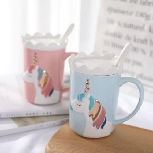 Creative 3D Relief Glod Unicorn Coffee Mug with Spoon and Crown Lid Drinking Coffee Tea Cup Gift