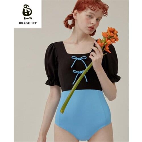 GSODET Swimsuit 2021 New Korean Women Colorful Triangle Short-Sleeved Lovely Bow High Waist Swimwear Bathing Suit Beachwear