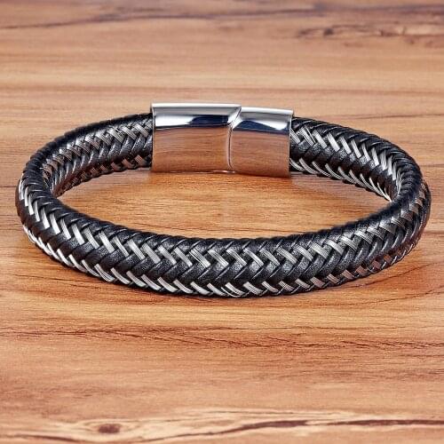 TYO Cross Braided Bracelet Black/Steel Clasp 6*12MM Wrap Bracelet For Men Stitching Genuine Leather Bracelet Pulsera Hombre