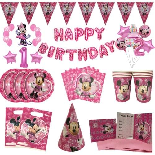 Disney Pink Minnie Mouse Theme Party Supplies Cup Plate Cap Straws Kids Girl Birthday Party Decoration Disposable Tableware Set