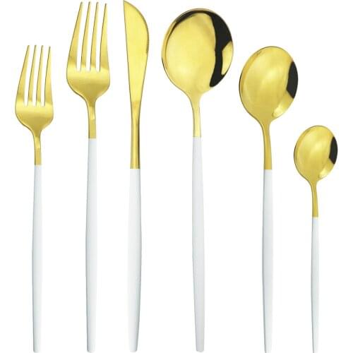 6Pcs/Set White Gold Cutlery Set Knives Dessert Forks Spoons Dinnerware Set Stainless Steel Tableware Set Kitchen Silverware Set