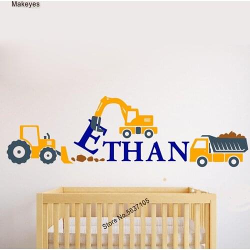 Makeyes Construction Trucks Wall Decals Personalized Names Boys Wall Stickers Custom Baby Boys Name Wall Decor Kids Bedroom Q665