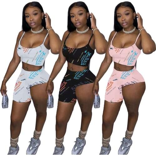 Solid Color Letter Print Sexy Spaghetti Strap Crop Vest Tops and Irregular Shorts Two Piece Sets Women Summer Casual Suits