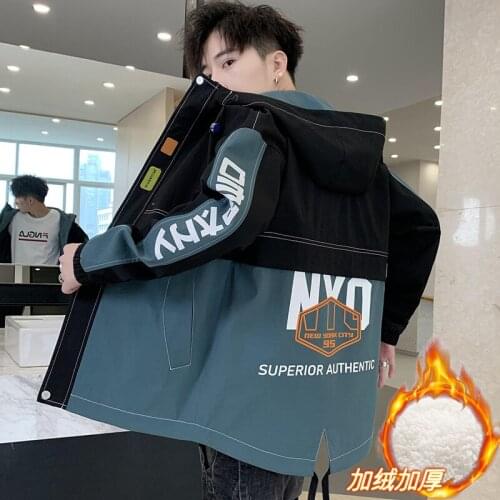 Autumn Winter Mens Thick Warm Hooded Coat Fleece Lining Safari Style Jacket Outwear Letters Print X15