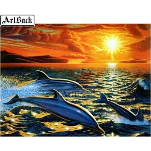 Full square / round drill 5D diamond painting dolphins sunset scenery diy diamond embroidery 3D mosaic home decoration