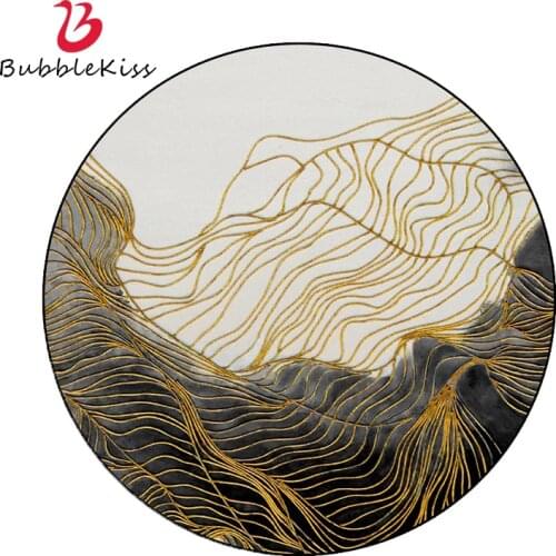 Bubble Kiss Round Carpet Abstract Golden Lines Pattern Living Room Rug Light Luxury Bedroom Decor Carpet Foldable Hotel Carpet