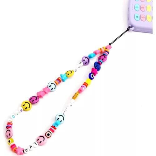 Smiley Beaded Anti-lost Phone Charm Chain Rainbow Soft Ceramic Lanyard Strap Mobile for Girls Phone Choker Keys String