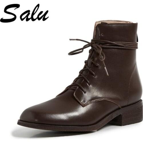 Salu 2021 Lace Up Motorcycle Boots Cow Leather Women Shoes Round Toe Fashion Square High Heel Ankle Boots thigh high boots