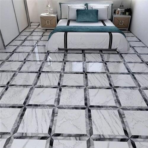 Custom 3D Floor Painting Wallpaper PVC Waterproof Self Adhesive White Marble Tiles Pattern Mural Living Room Bedroom Decoration