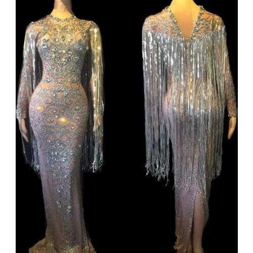Silver Rhinestones Long Dress Crystal Fringes Dress Female Prom Wedding Birthday Celebrate Long Dress Women Stage Dance Costumes