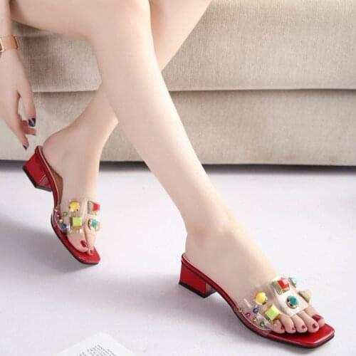 Summer New Women Slippers Thick-heeled Transparent Soft-face Ladies Slippers Colorful Rivets Women Slippers