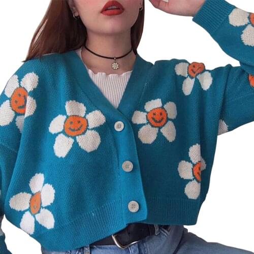 Preppy Cute Flower Knit Cardigans Sweater Women Spring Fall V Neck Loose Short Coat Sweet Vintage Floral Print Casual Jacket
