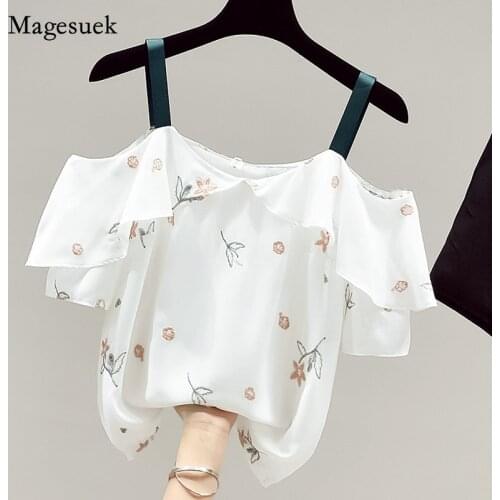 Korean Summer Women Chiffon Blouse Ruffle Print Embroidery White Shirt for Women Off Shoulder Sweet Sling Top Blusa 15140