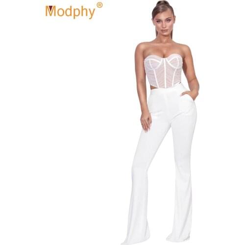 Free Shipping Bandage Pants Women Set White Lace Top & High Waist Flared Pants 2 Two-Piece Suit 2021 Summer Fashion New