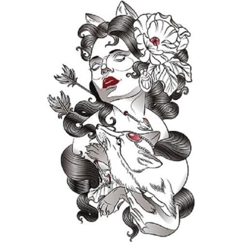 190MM×120MM Fox and Fox Fairy and Wind Mythical Character Black Flower Arm Calf Waterproof Transfer Tattoo Sticker