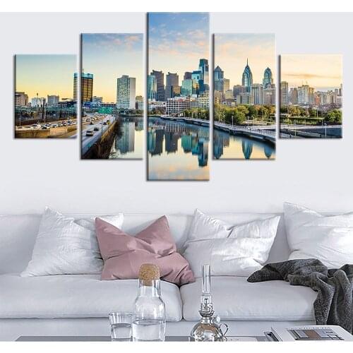5 Panels Modern City View Building Landscape Wall Art Canvas Painting Posters Pictures Home Decor for Living Bedroom