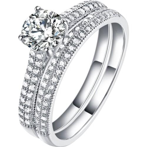 925 Jewelry 2 Rows Rhinestones Engagement Wedding Ring For Femals, S925 Stlerling Silver Ring Sets For Womans Gift