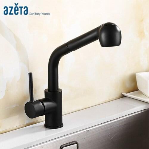 Azeta Free Shipping Black Faucet Pull Out Kitchen Mixer Torneira Single Hole Deck Mounted Tap Dual Sprayer Kitchen FaucetMK4409B