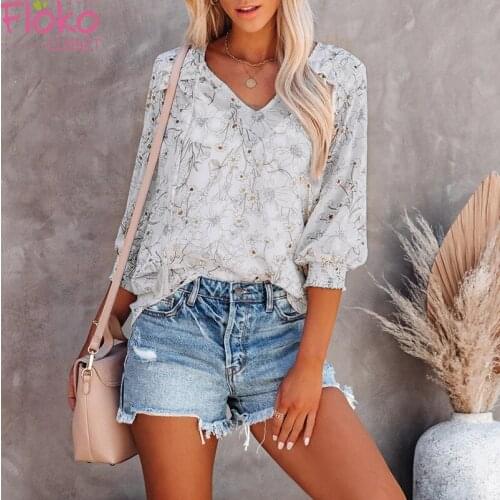 Flokocloset Summer Print Lantern Sleeve V-Neck Loose Blouses Femme Elegant Ladies Blusas Streetwear Shirt
