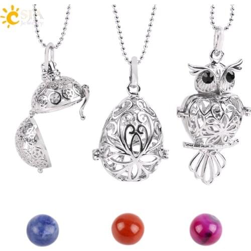 CSJA 26 Natural Stone Beads Hollow Carved Round Ball Egg Owl Bird Wish Bottle Locket Pendant Necklace Women Bijoux Jewelry E503