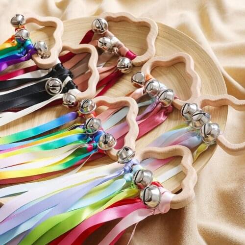 Montessori Wooden Rainbow Ribbon Rattle Hand Kite Toys Baby Develop Hearing Recognition Sensory Shower Birthday Gift