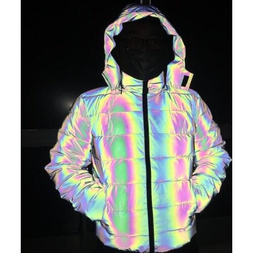 Good quality men winter colorful reflective jacket thick warm parka women magic color reflect light shiny coat abrigo hombre